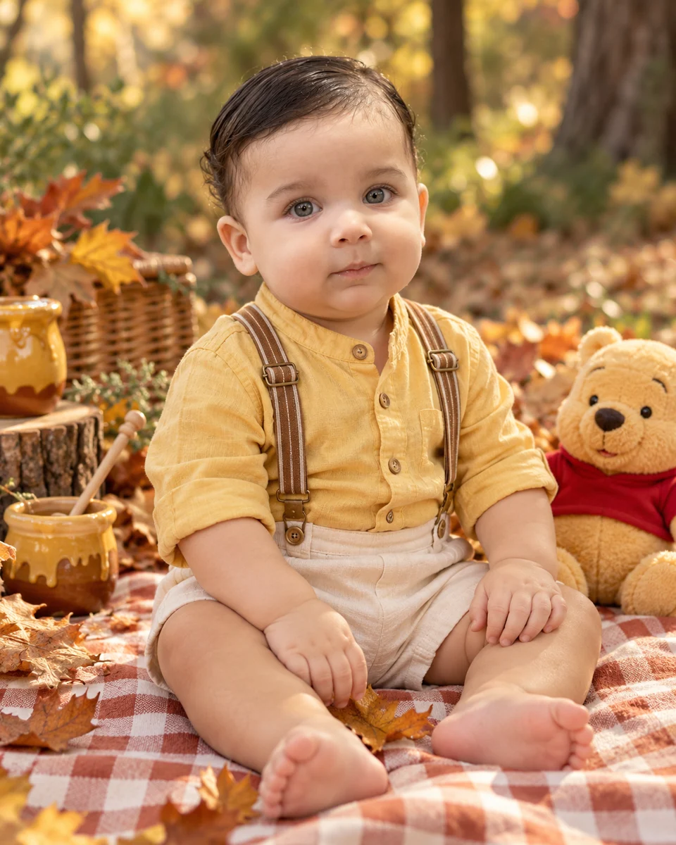 Imagem personalizada de Benjamin em um piquenique na floresta, com roupa amarela e suspensórios